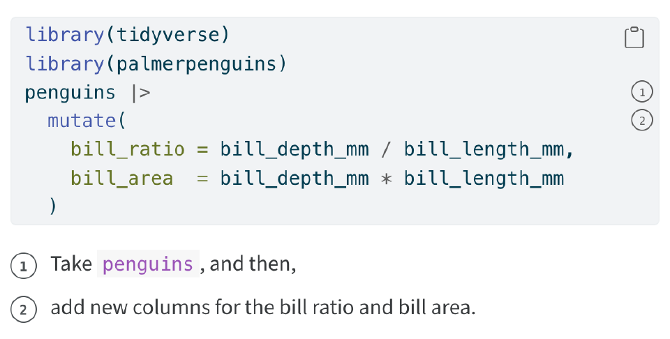 Screenshot a code chunk with annotations. Annotations appear in the code chunk as numbers within circles, and repeat below the code chunk along with the text content of the annotations.