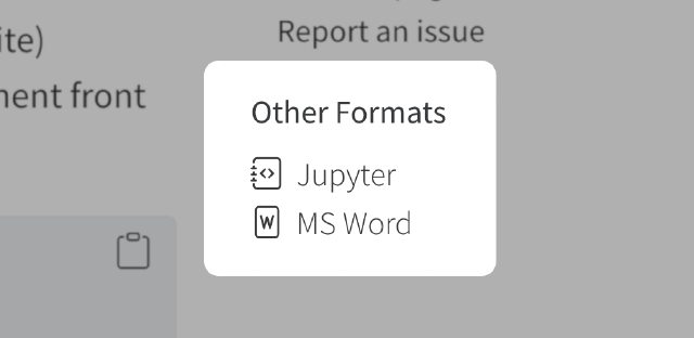 Screenshot of a Quarto webpage showing a section entitled 'Other Formats' with items Jupyter and MS Word