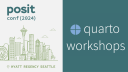 posit::conf(2024) iconography including Seattle skyline on the left and the words 'Quarto workshops' on the right.